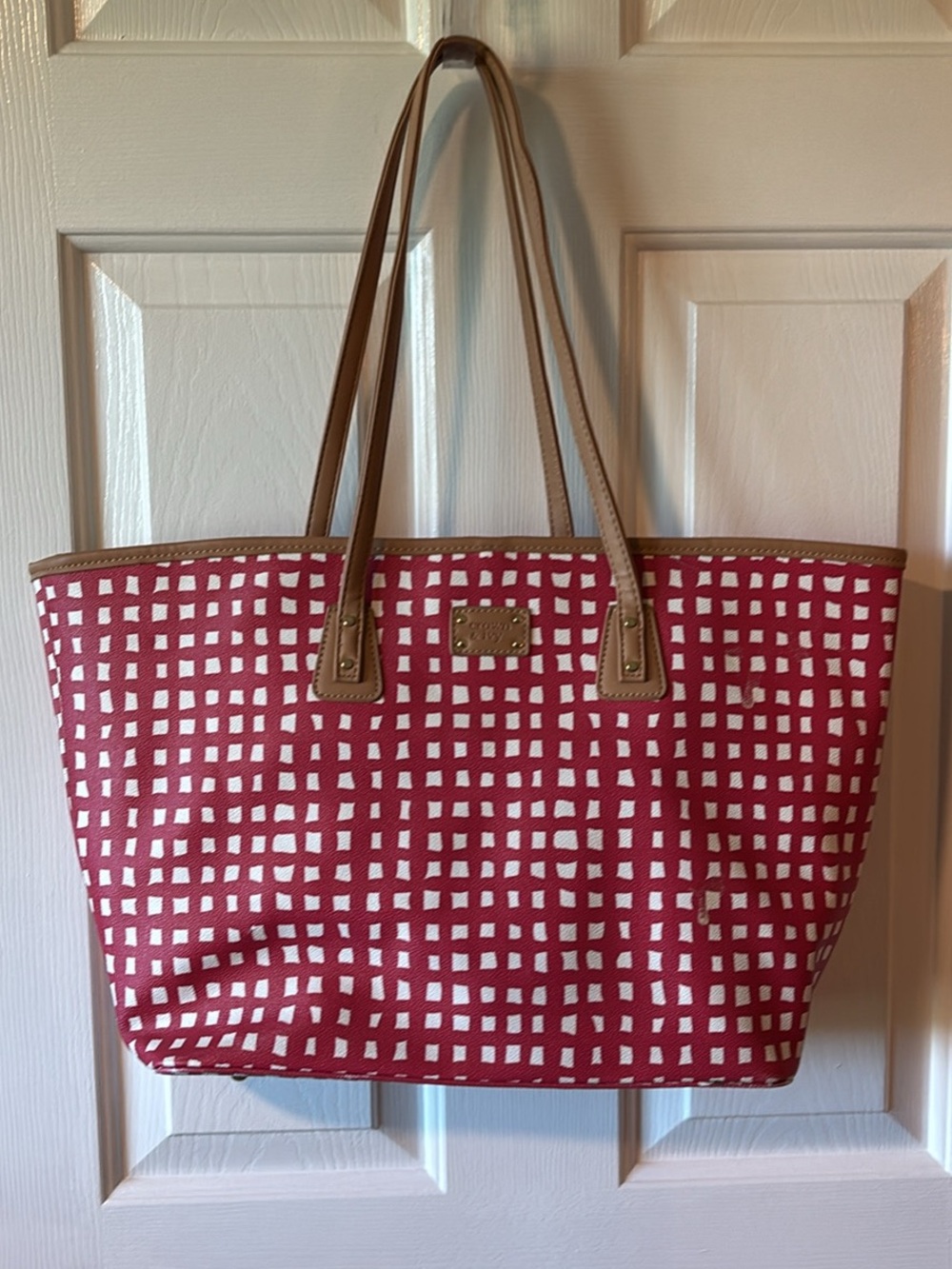 crown & ivy Pink and White Check Canvas Tote with Tan Trim